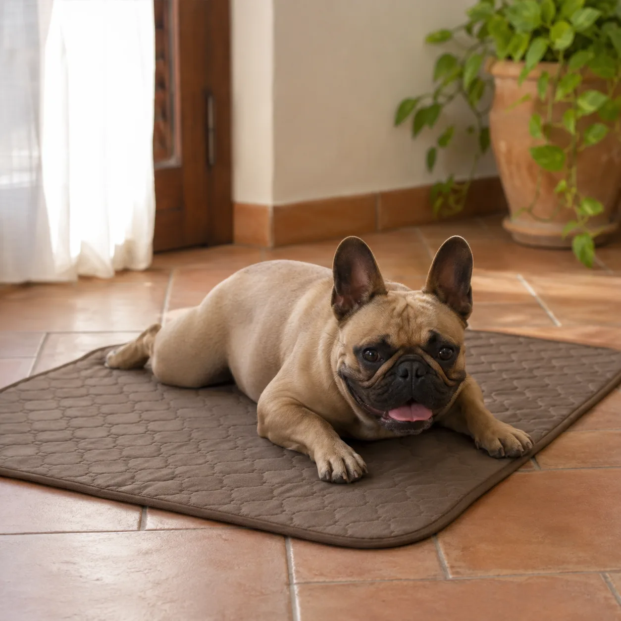 Bouledogue français couché sur un tapis rafraîchissant Frimouf, le museau posé sur le tissu