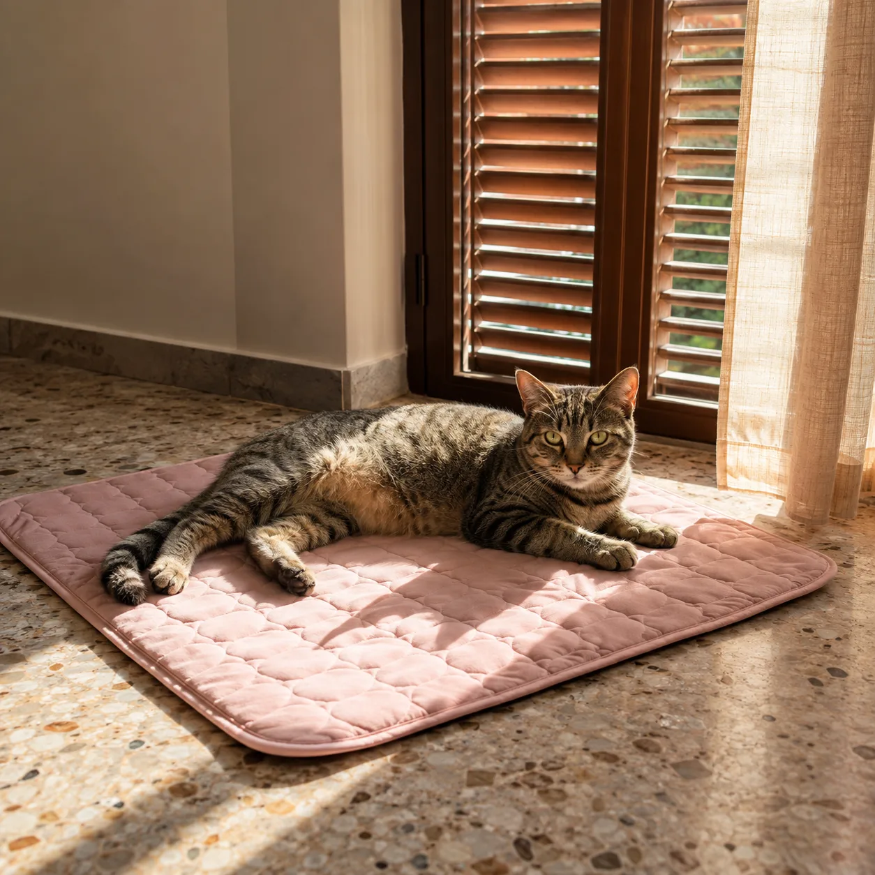 Chat installé sur un tapis rafraîchissant Frimouf près d'une fenêtre