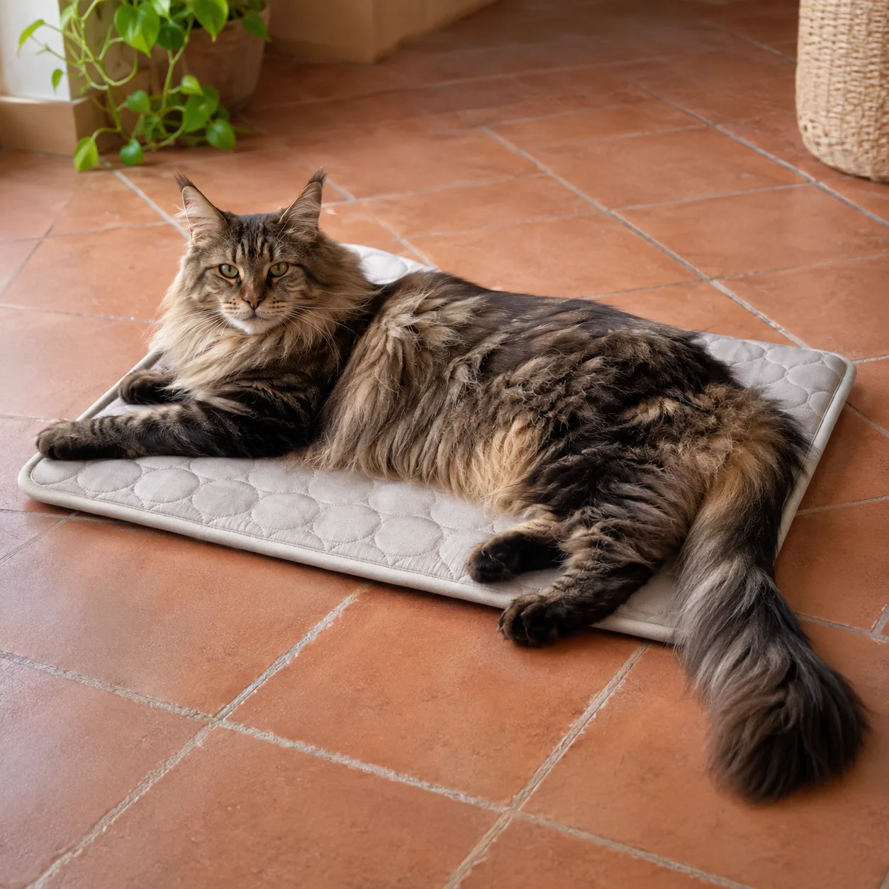 Maine coon à poil long installé sur un tapis rafraîchissant Frimouf dans un salon