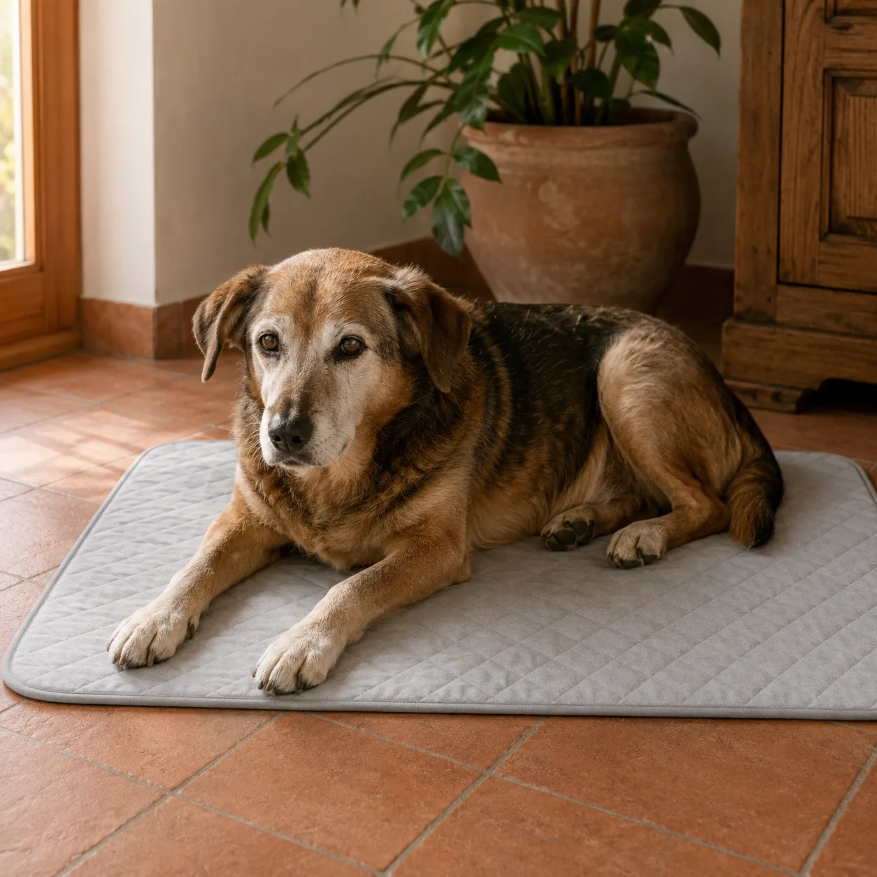 Chien âgé au museau grisonnant, endormi sur un tapis rafraîchissant Frimouf posé au sol
