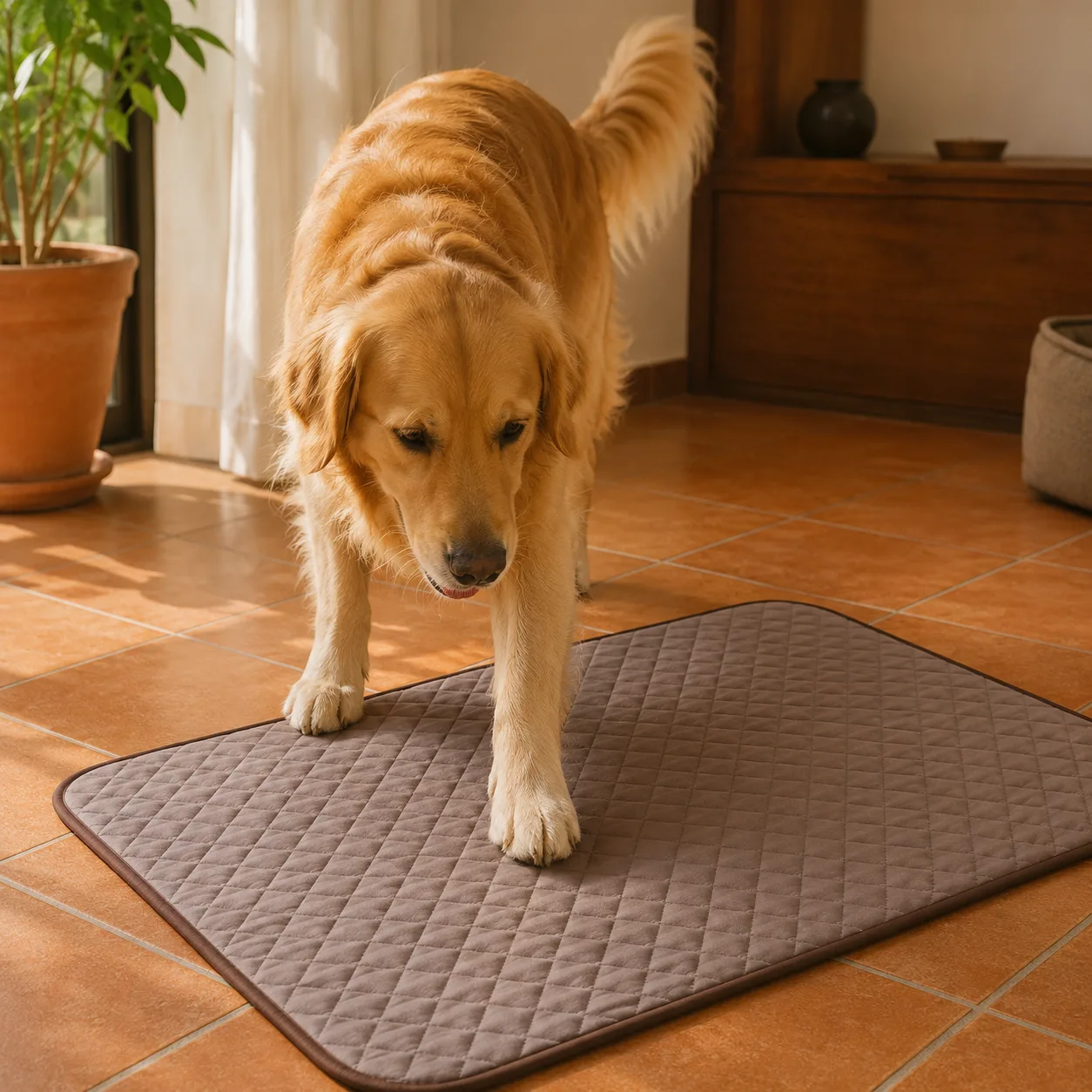 Chien qui pose ses pattes avant sur un tapis rafraîchissant Frimouf pour la première fois