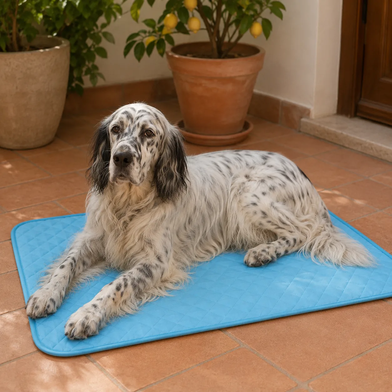 Setter à poil long allongé sur un tapis rafraîchissant Frimouf devant une baie vitrée