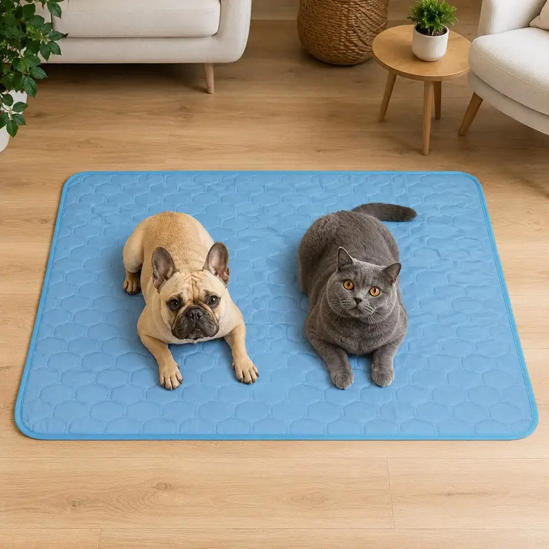 Tapis rafraîchissant pour chat Frimouf coloris bleu, dessus en soie glacée