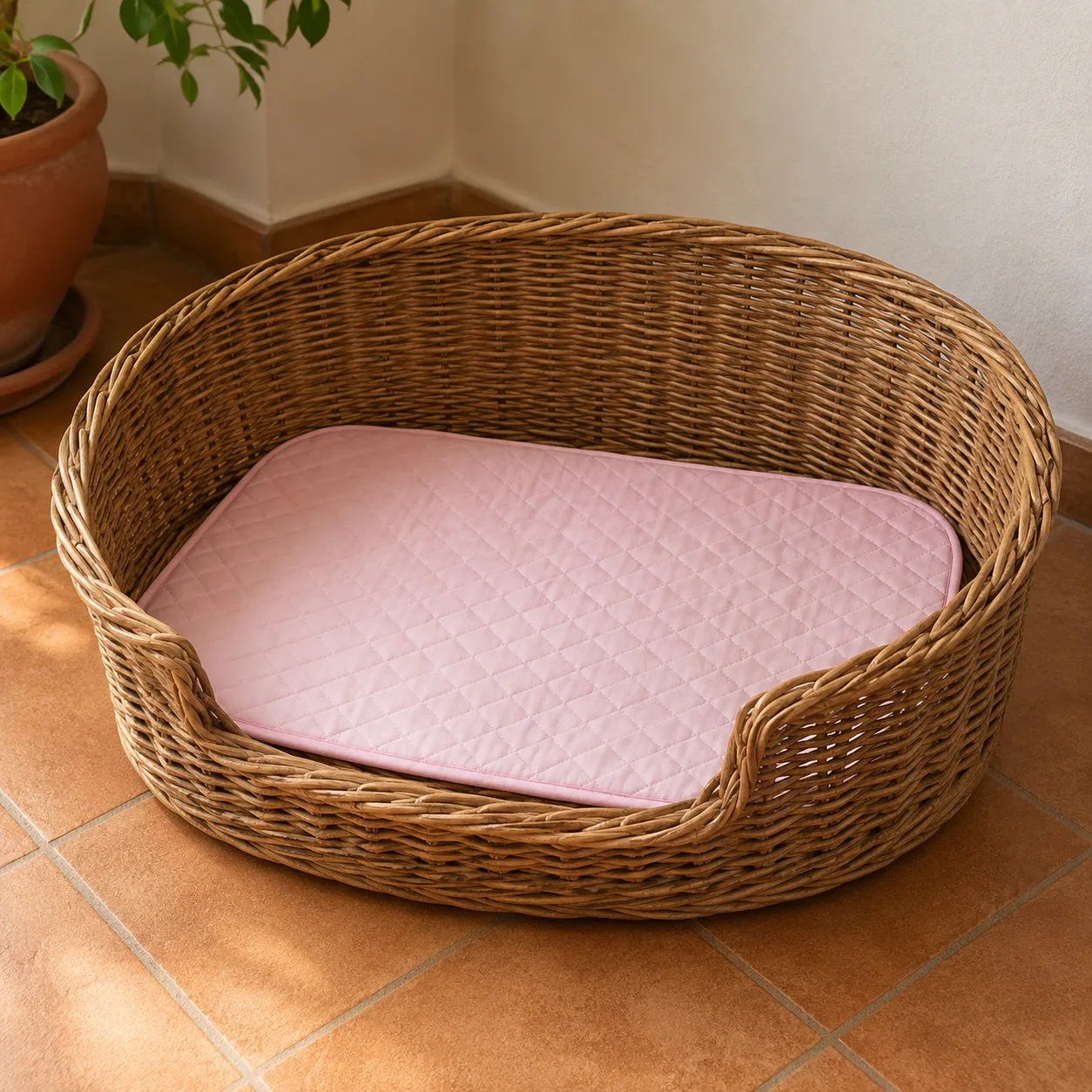 Tapis rafraîchissant Frimouf posé au fond d'un panier en osier