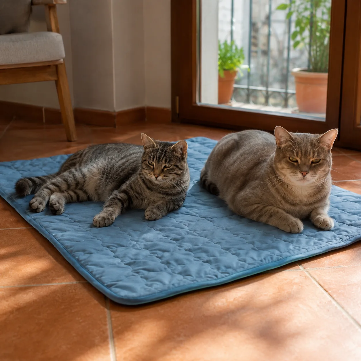 Deux chats installés sur un tapis rafraîchissant Frimouf
