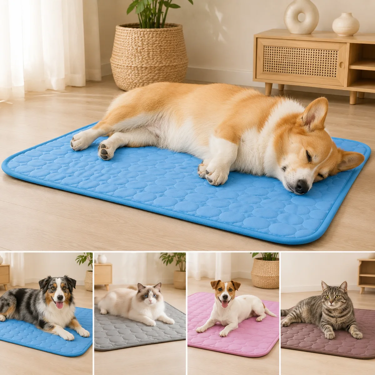Corgi endormi sur un tapis rafraîchissant bleu dans un salon, au-dessus d'une bande de vignettes montrant un berger australien, un chat ragdoll, un jack russell et un chat tigré installés sur les tapis bleu, gris, rose et marron