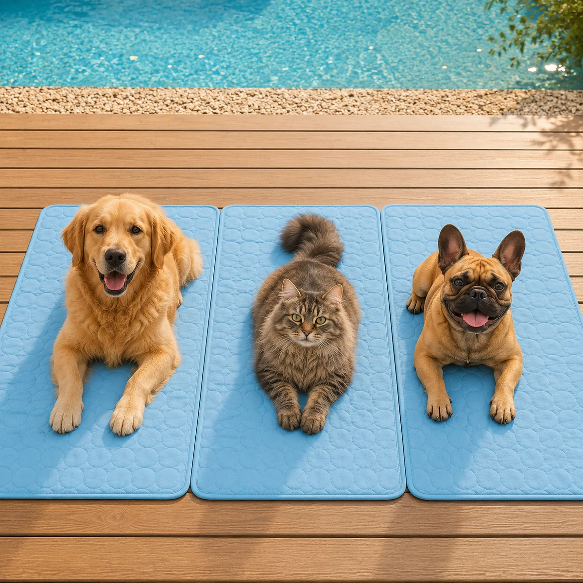 Vue de dessus de trois tapis rafraîchissants bleus alignés sur une terrasse en bois au bord d'une piscine, avec un golden retriever, un chat à poil long et un bouledogue français installés dessus