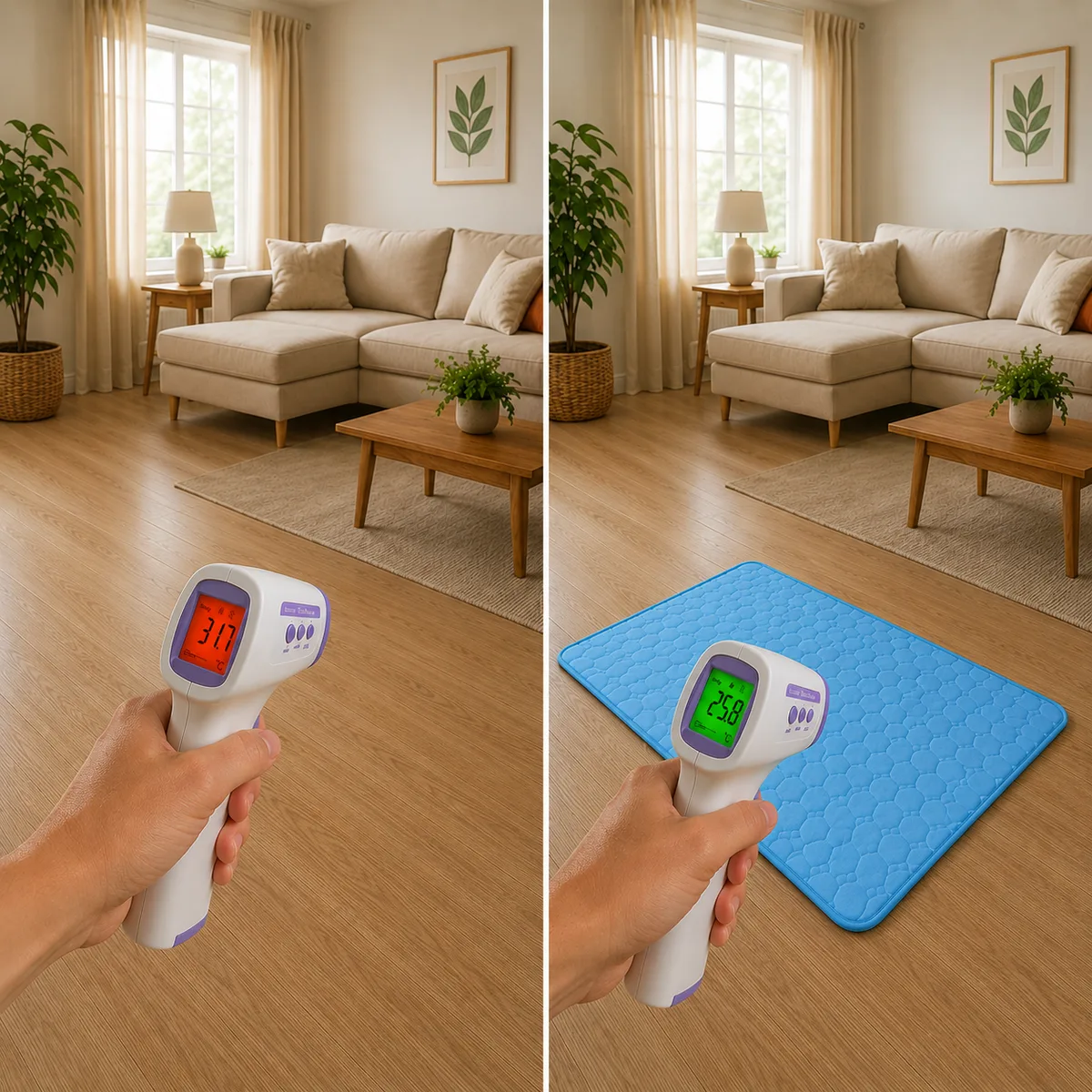 Comparatif en deux volets dans le même salon : à gauche, une main pointe un thermomètre infrarouge vers le sol nu et l'écran affiche 31,7 °C ; à droite, le même thermomètre pointé vers un tapis rafraîchissant bleu posé au même endroit affiche 25,8 °C
