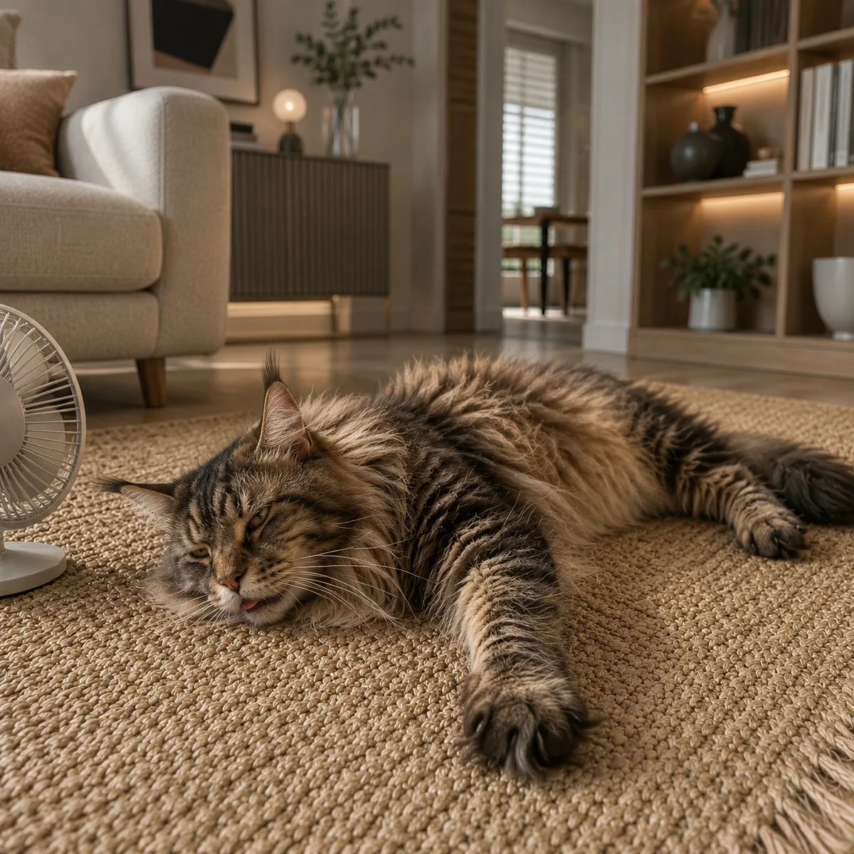 Chat maine coon à poil long allongé de tout son long sur un tapis de sol en fibres naturelles, devant un ventilateur posé au sol dans un salon