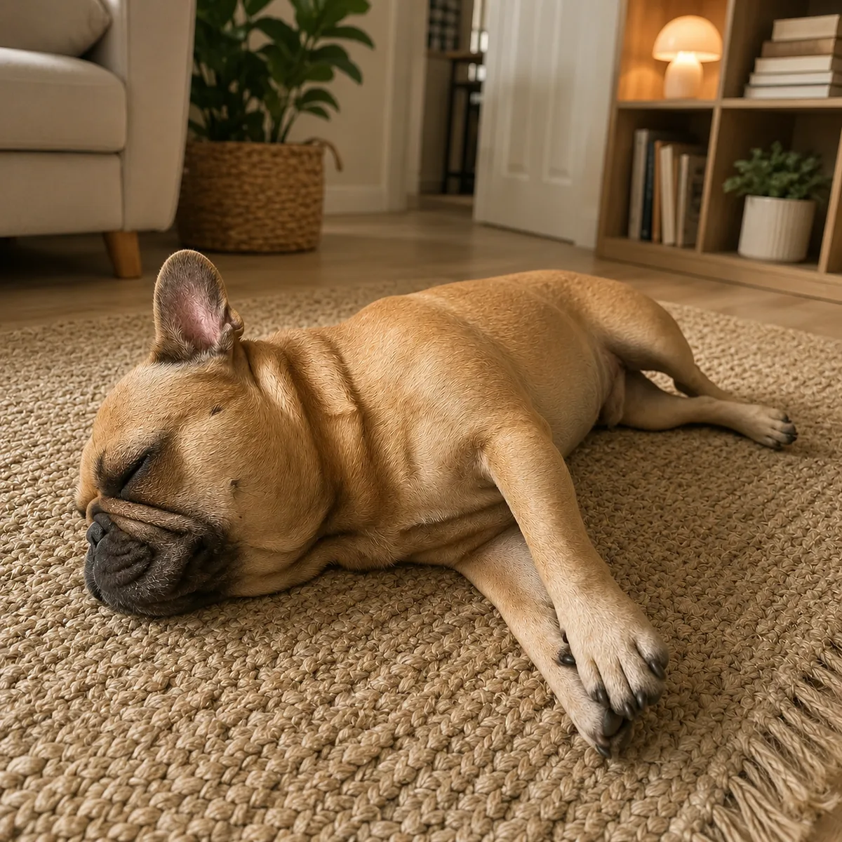 Bouledogue français endormi de tout son long sur un tapis en fibre naturelle, dans un salon aux tons beiges