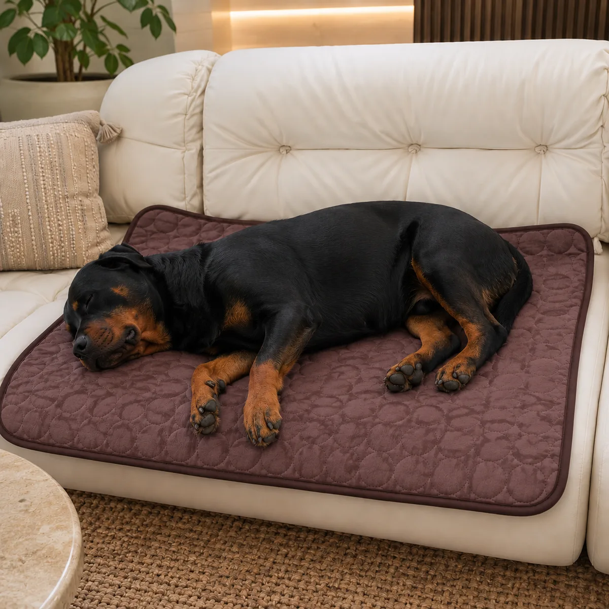 Rottweiler endormi en boule sur un tapis rafraîchissant marron posé sur l'assise d'un canapé crème, dans un salon éclairé en fin de journée