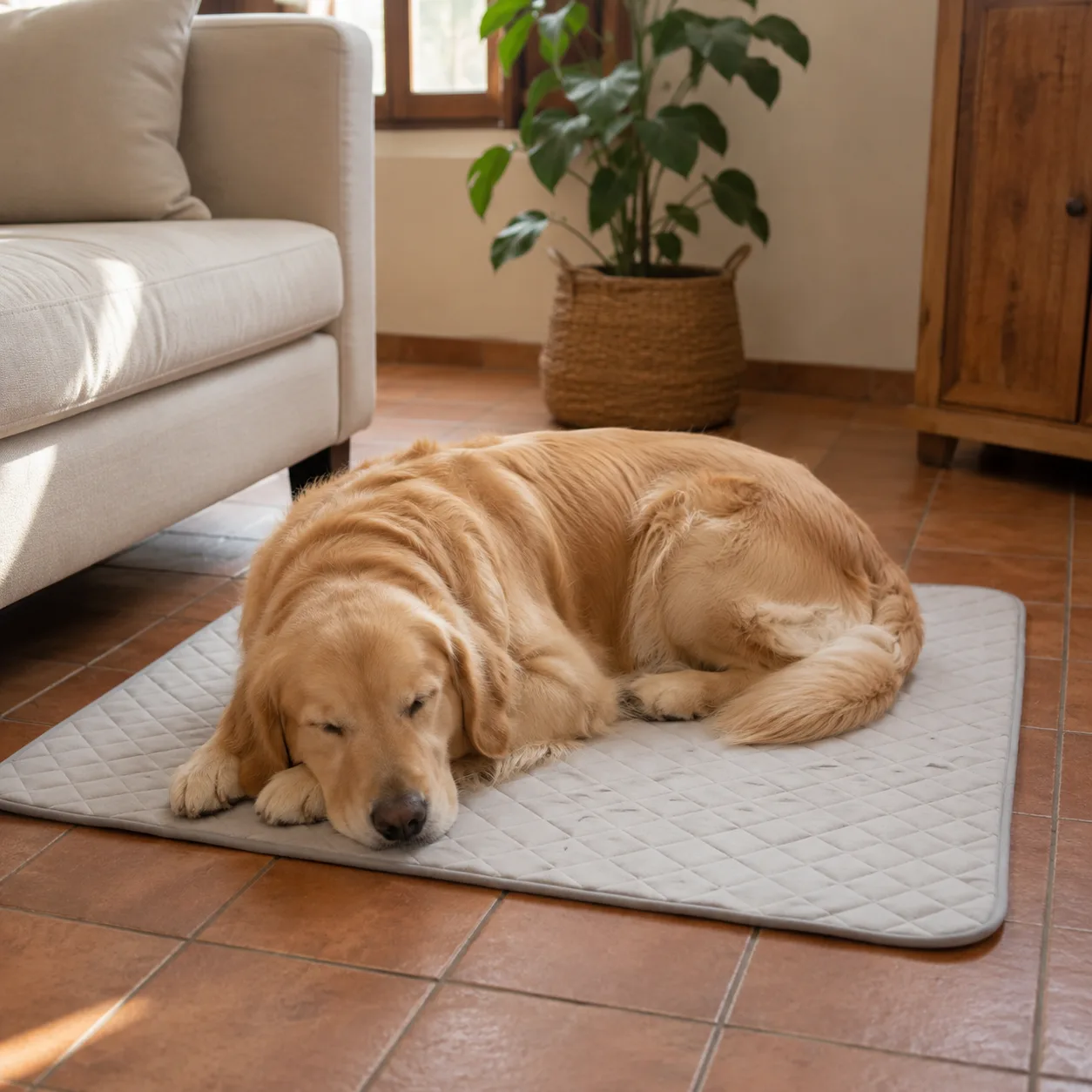 Golden retriever endormi de tout son long sur un tapis rafraîchissant Frimouf, dans un salon