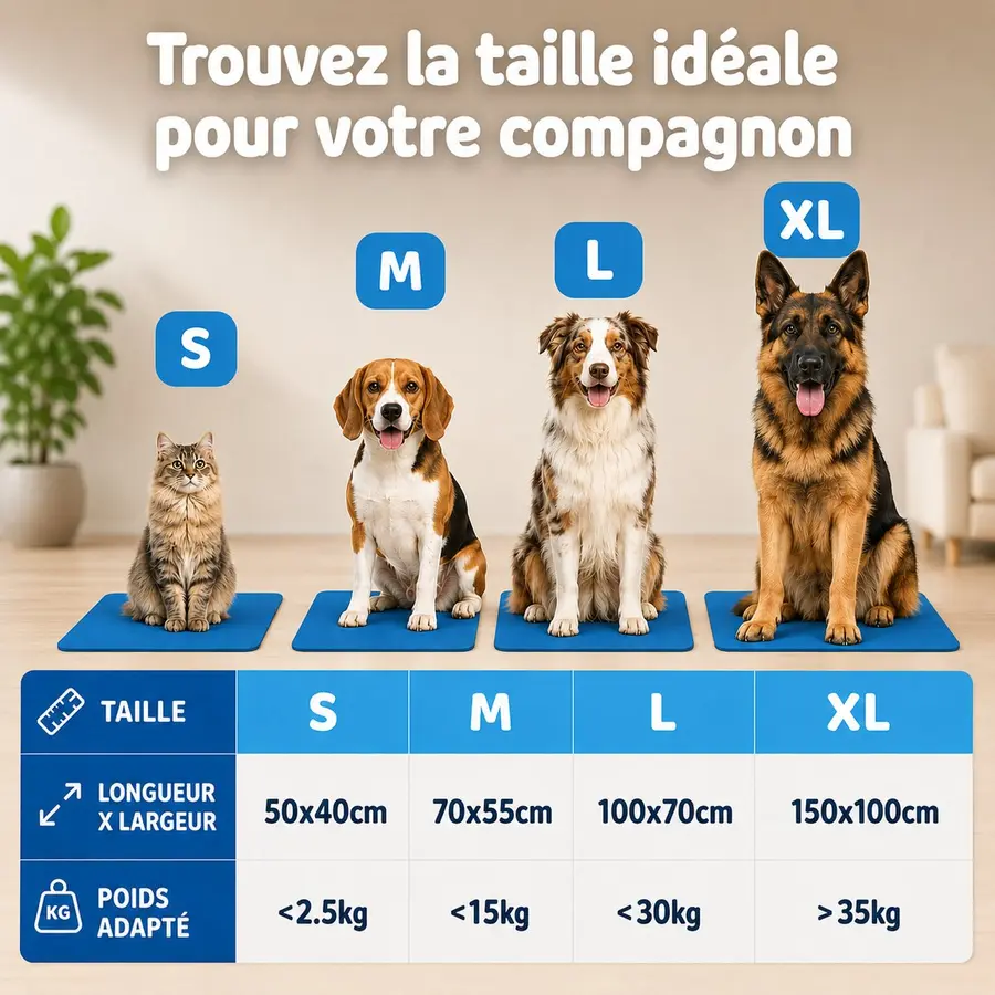 Infographie du guide des tailles Frimouf : tapis S, M, L et XL avec le poids d'animal correspondant à chaque dimension