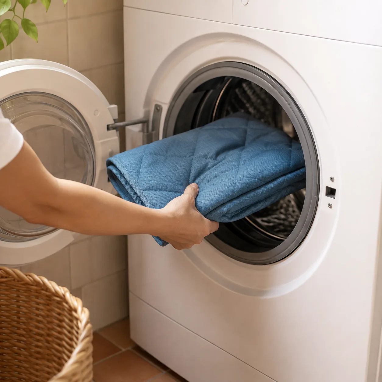 Tapis rafraîchissant Frimouf bleu glissé dans le tambour d'un lave-linge à hublot