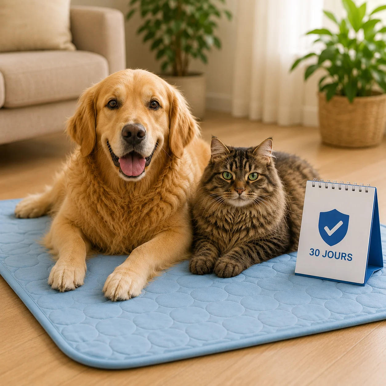 Chien et chat côte à côte sur un tapis rafraîchissant bleu, avec un badge garantie 30 jours