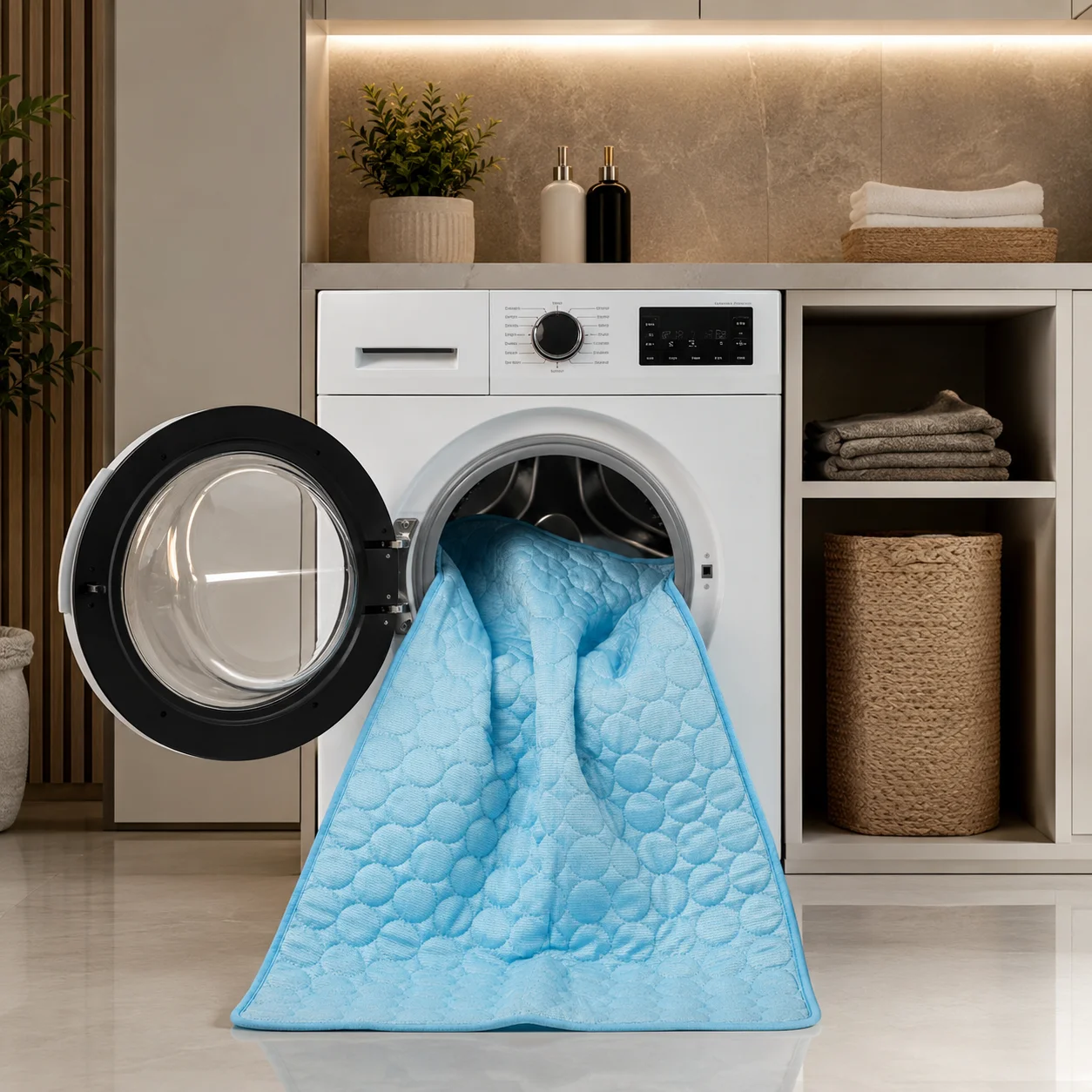 Tapis rafraîchissant bleu matelassé sortant du hublot d'un lave-linge ouvert, dans une buanderie claire