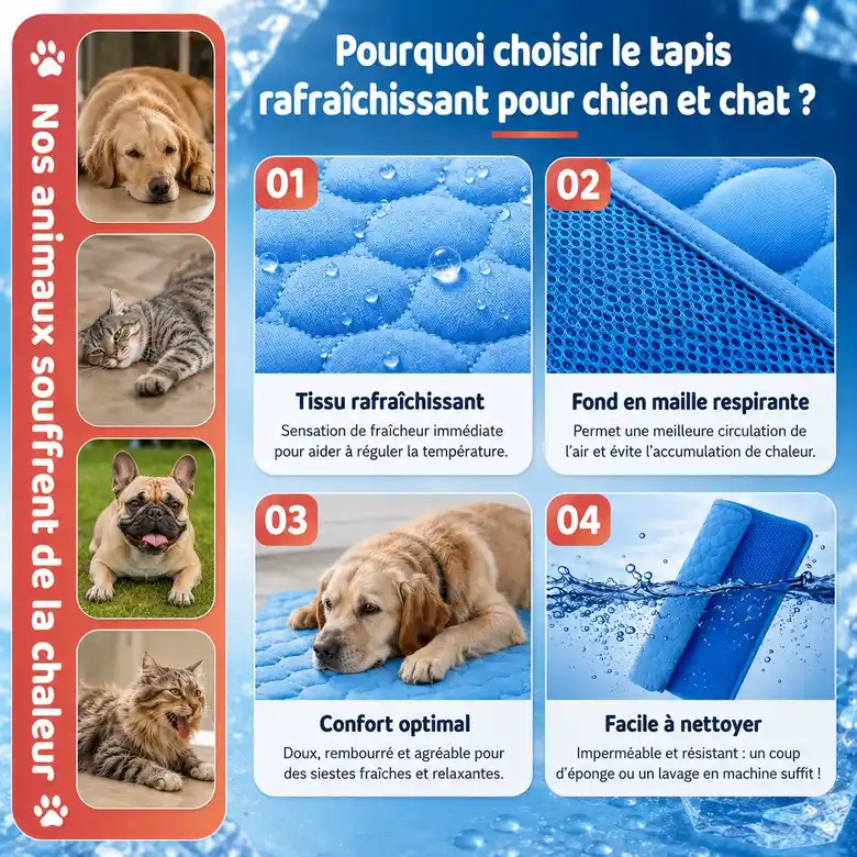Schéma du mécanisme du tapis rafraîchissant Frimouf : soie glacée, trois couches, maille respirante