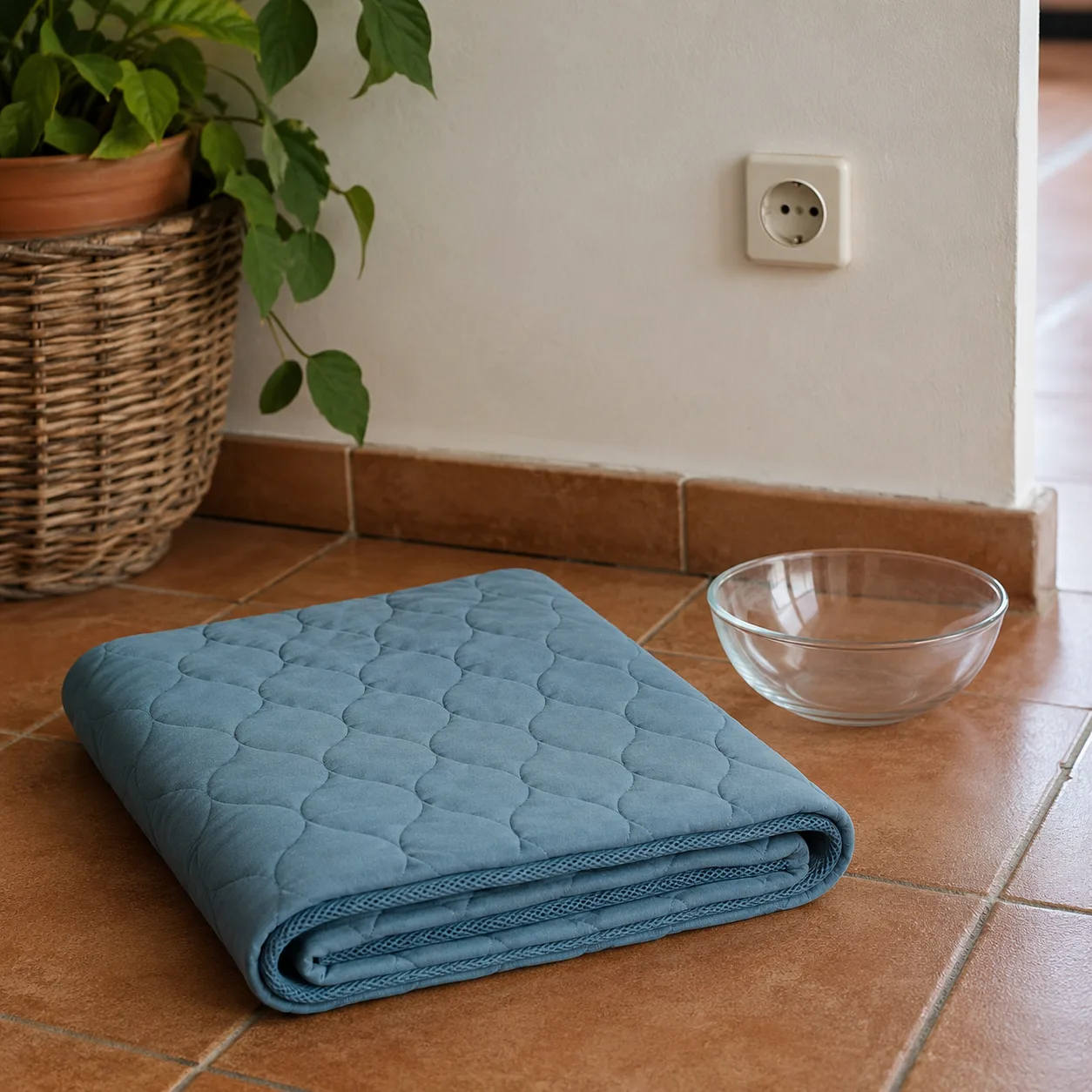 Tapis rafraîchissant Frimouf bleu plié au sol près d'une gamelle d'eau, la maille respirante du dessous visible sur la tranche