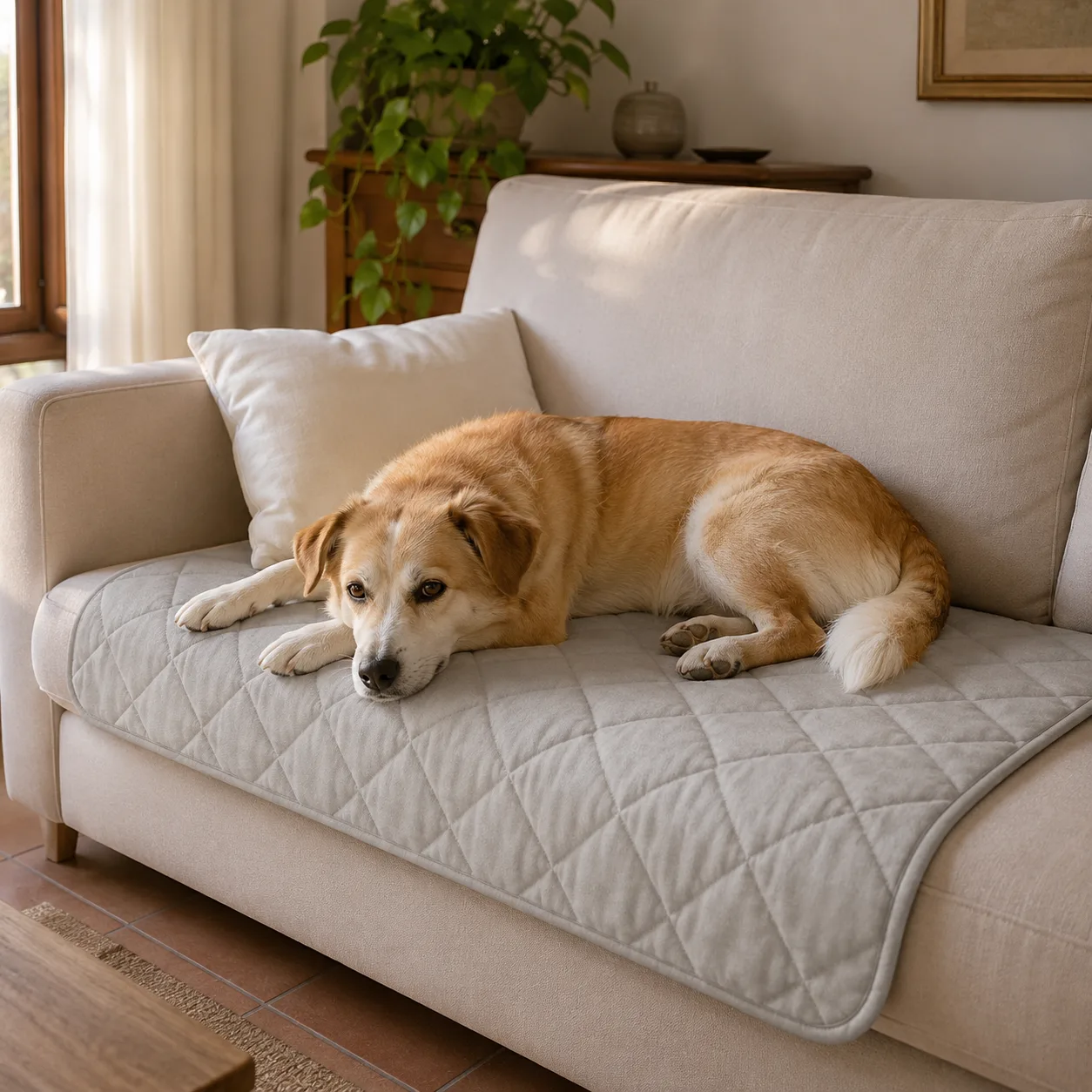 Tapis rafraîchissant Frimouf déplié sur l'assise d'un canapé, un chien couché dessus