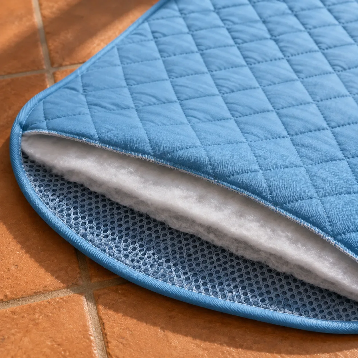 Le tapis rafraîchissant Frimouf vu sur la tranche, ses trois couches cousues visibles : soie glacée, garnissage coton et maille respirante