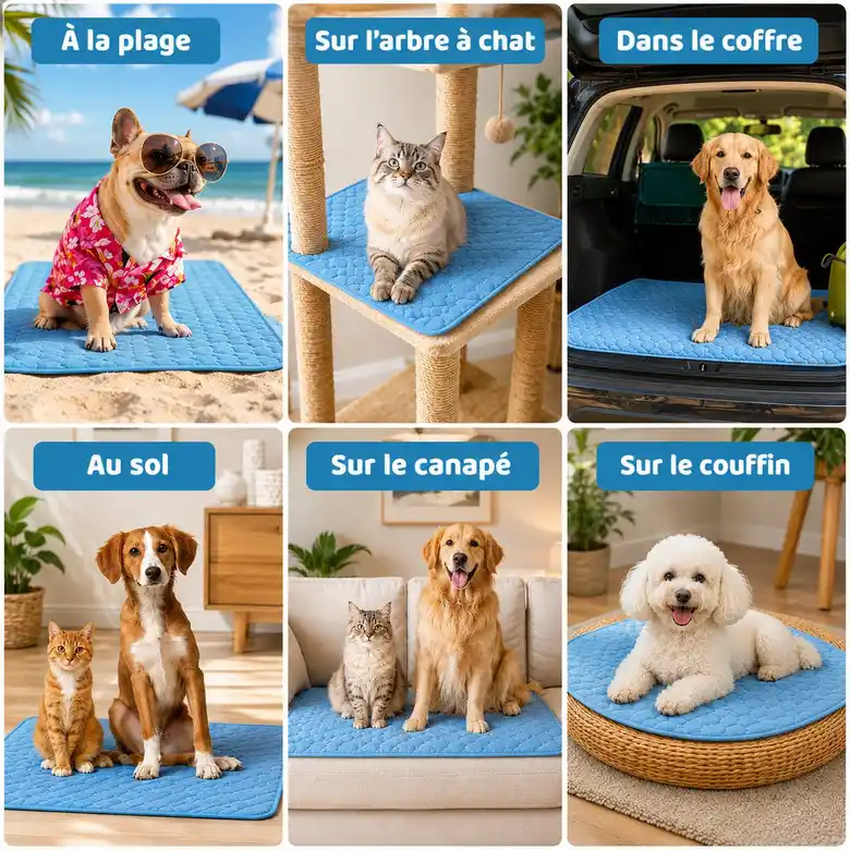 Différents usages du tapis rafraîchissant : panier, canapé, voiture et arbre à chat